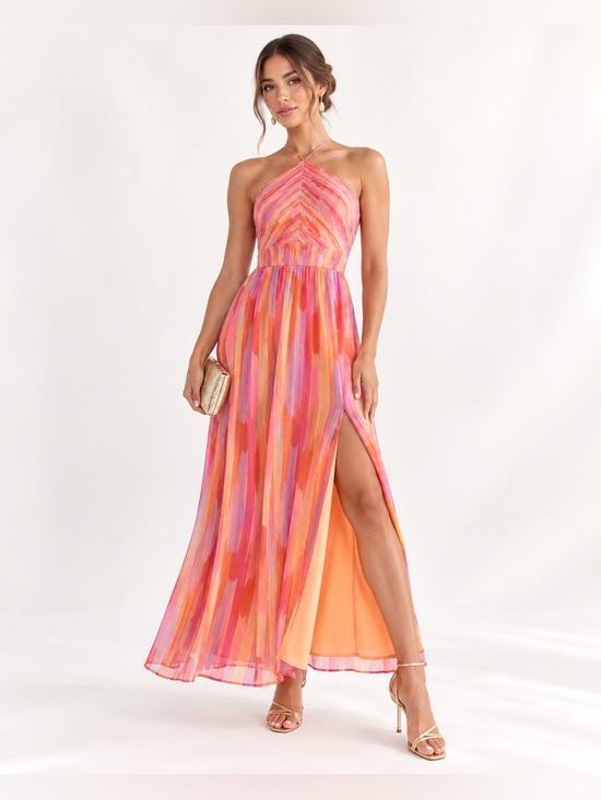 Audrey Parks Dresses & Skirts - Multicolor striped halter leg slit maxi dress S resort vacation wedding guest